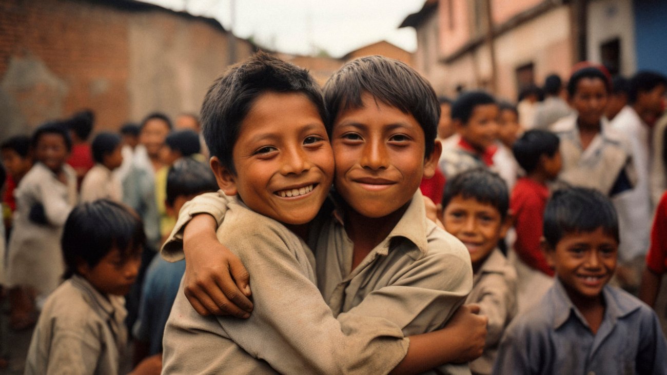 two boys hugging one another in a crowd of people, in the style of mesoamerican influences, rangefinder lens, serene faces, light brown and red, group f/64, villagecore, quadratura --ar 64:43 Job ID: 38c4fe3c-ff69-478c-b6c1-3a50f71883b6